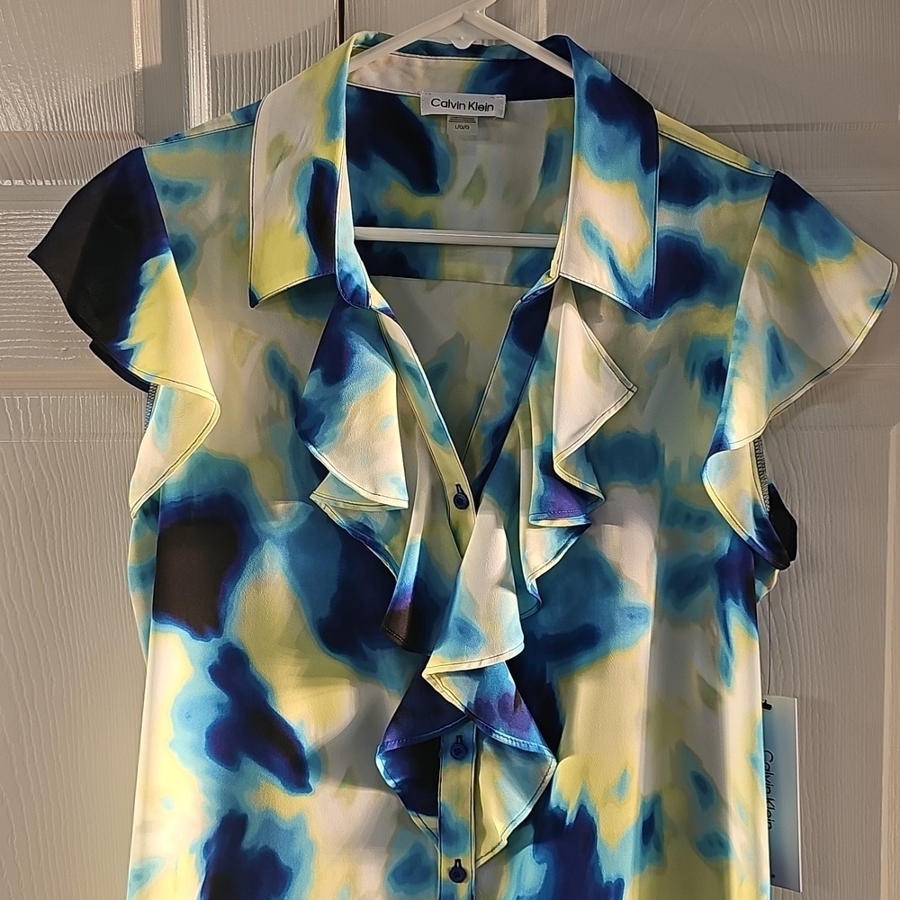 NWT Calvin Klein Multicolored  Ruffles Capped Sleeve Button Down Top Large - Picture 8 of 15